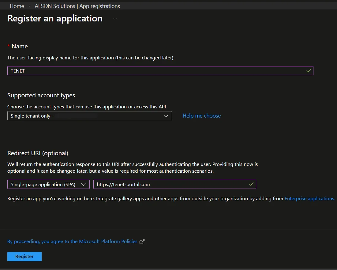 Fill in app registration details - Name: TENET, Redirect URI: Single-page application